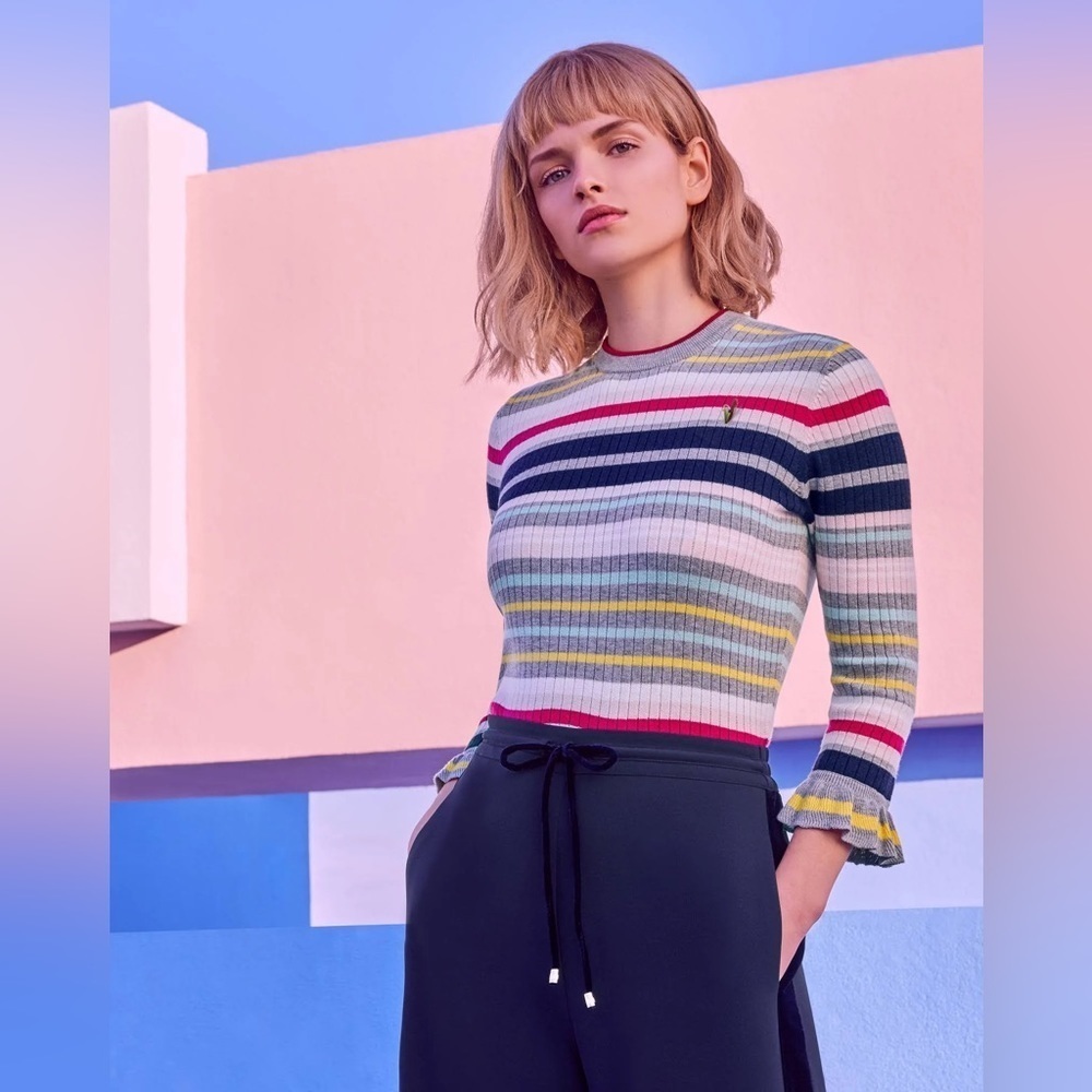 Ted Baker Striped Ruffle Sleeves Knitted Long Sleeve Sweater Top Women's Size 3